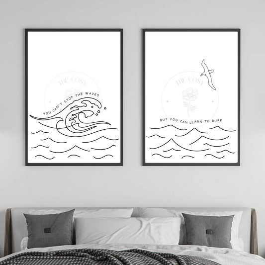 Learn to Surf – Black & White Line Drawing Print