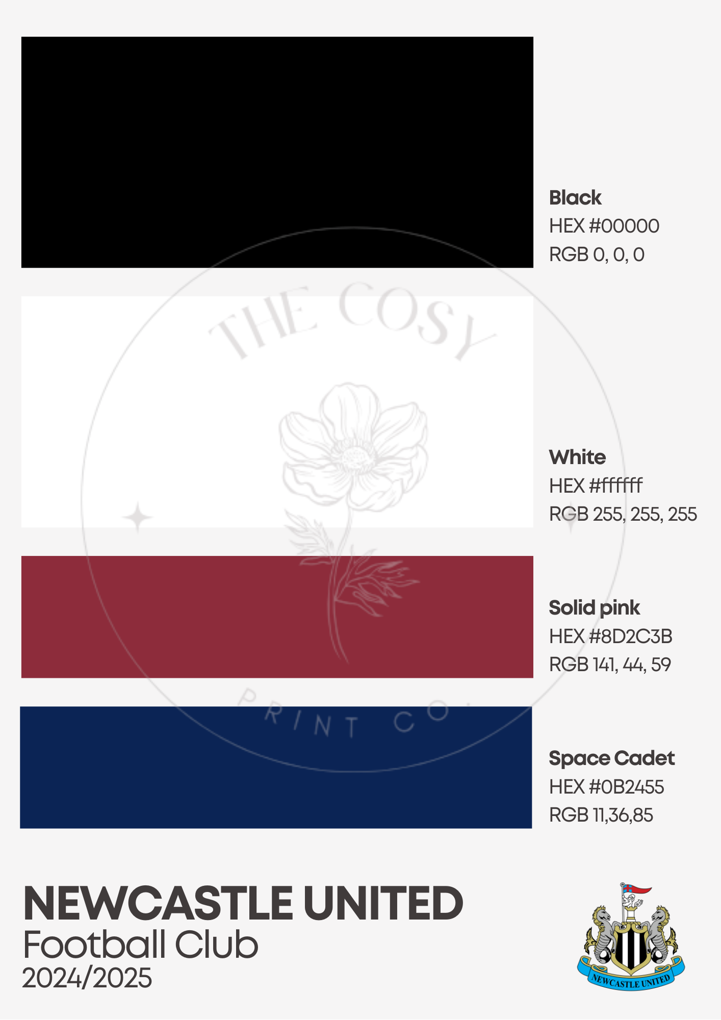 Newcastle United sports print with black and white Pantone-style design, featuring team badge and space for custom season details – fully personalisable.

