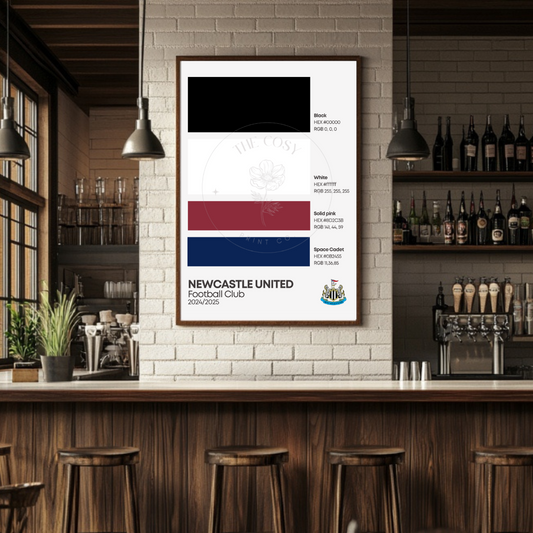 Newcastle United sports print with black and white Pantone-style design, featuring team badge and space for custom season details – fully personalisable.

