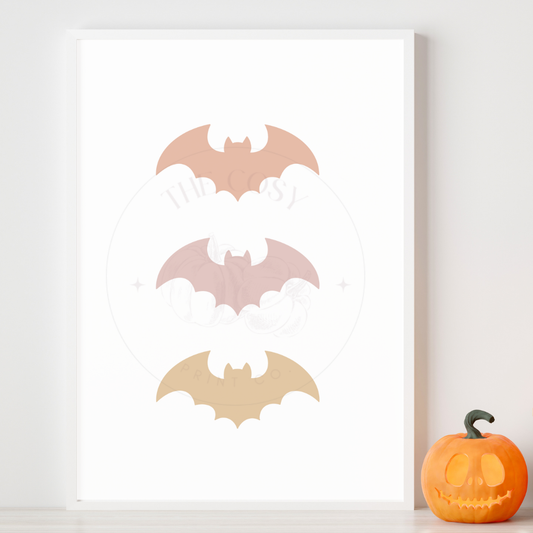 Pastel Halloween wall art print featuring hand-drawn bats in soft colours – by The Cosy Print Company, printed on 200gsm Colour-Lock™ paper, available in A4 and A3 sizes.