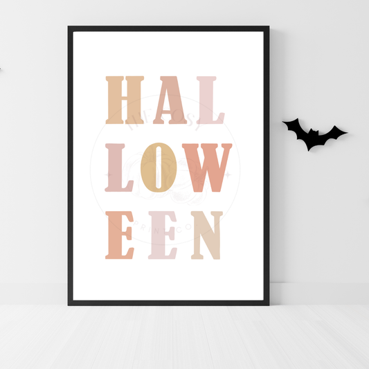 Pastel Halloween wall art print featuring hand-drawn letters spelling “Halloween” – by The Cosy Print Company, printed on 200gsm Colour-Lock™ paper, available in A4 and A3 sizes.