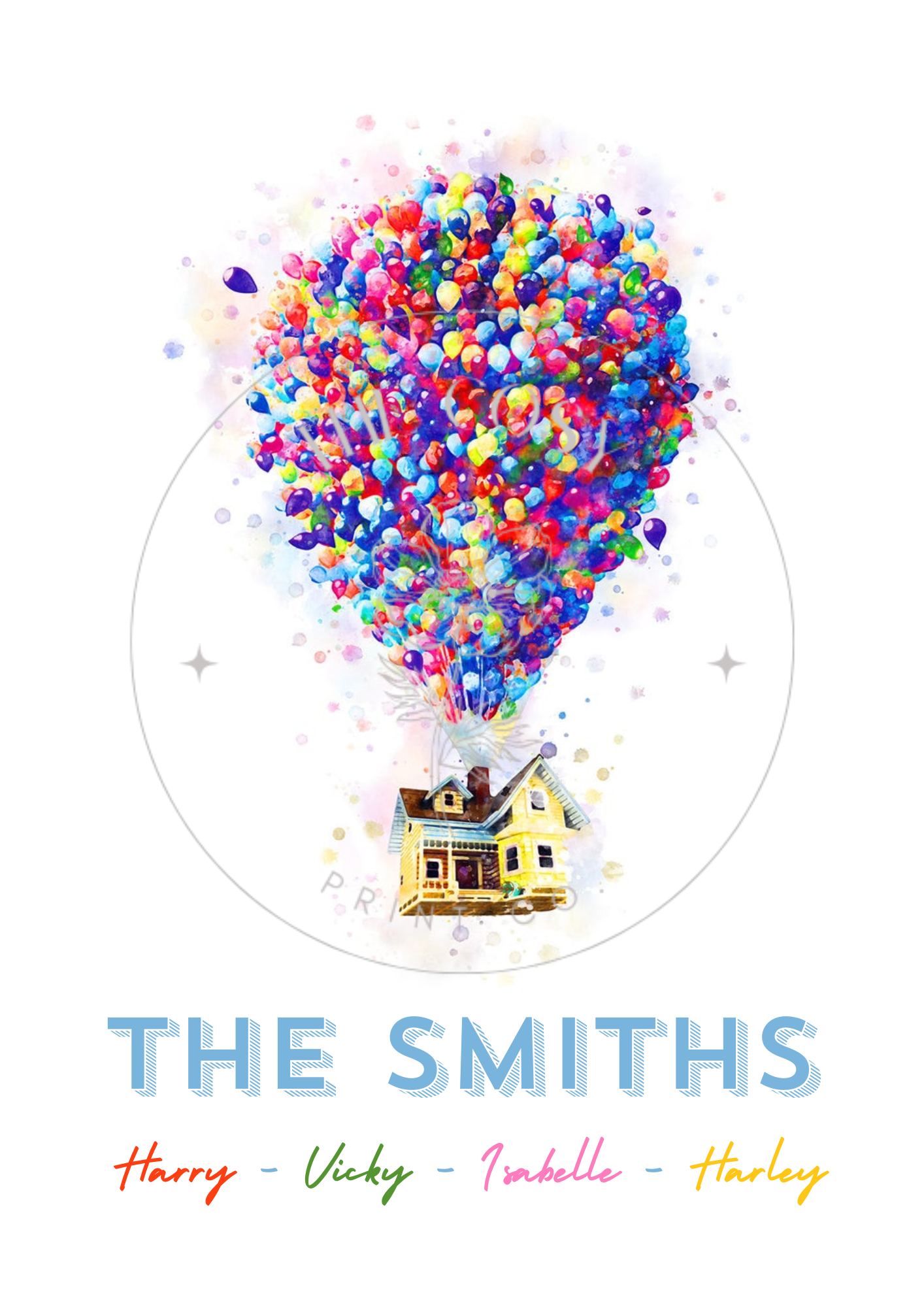 Personalised Up-inspired family print with colourful balloons, house, and family name.