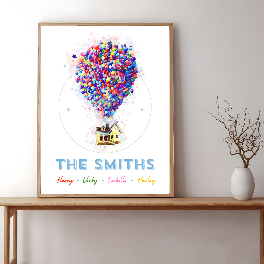 Personalised Up-inspired family print with colourful balloons, house, and family name.