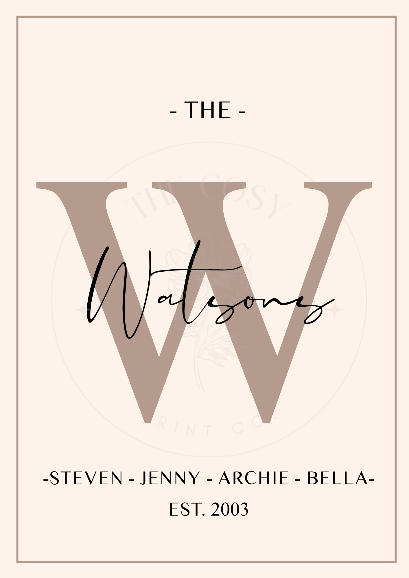 Personalised family surname print with modern typography and optional established year.