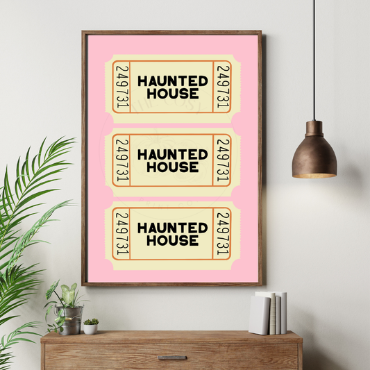 Pink and cream wall art print featuring three vintage-style haunted house tickets – pastel Halloween decor by The Cosy Print Company, printed on 200gsm Colour-Lock™ paper, available in A4 and A3 sizes.
