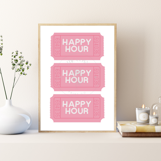 Pink and white hand-drawn Happy Hour ticket print, featuring a vintage ticket design with soft, playful tones