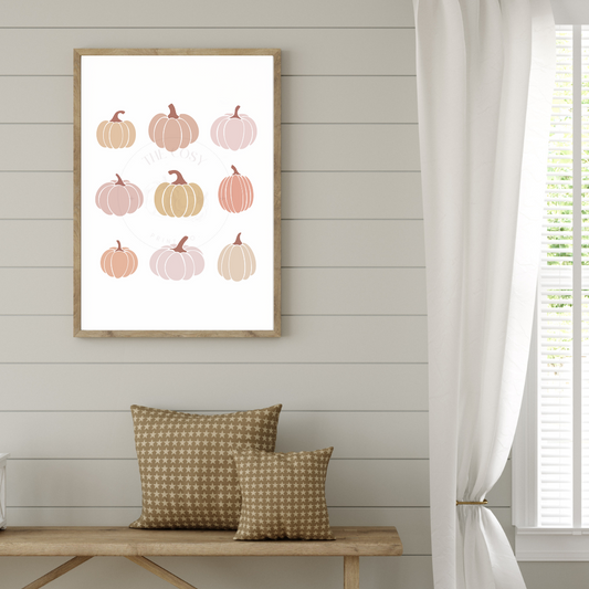 Pumpkin Patch wall art print – hand-drawn neutral pumpkins in soft autumn colours