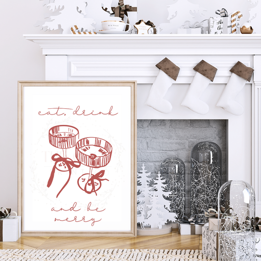 Red and white Christmas print with “Eat, Drink and Be Merry” text and hand-drawn cocktail glasses in a festive style.
