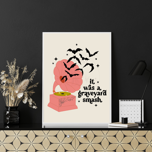 Retro Halloween wall art print featuring a gramophone with bats and the text “It was a graveyard smash” – printed on 200gsm Colour-Lock™ paper, available in A4 and A3 sizes.