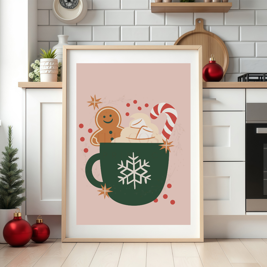 Soft pink Christmas print featuring a hand-drawn festive hot chocolate mug with cream, candy canes and sprinkles.
