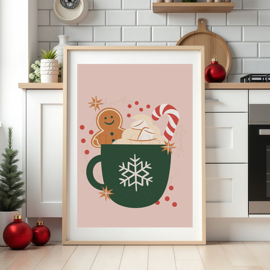 Soft pink Christmas print featuring a hand-drawn festive hot chocolate mug with cream, candy canes and sprinkles.