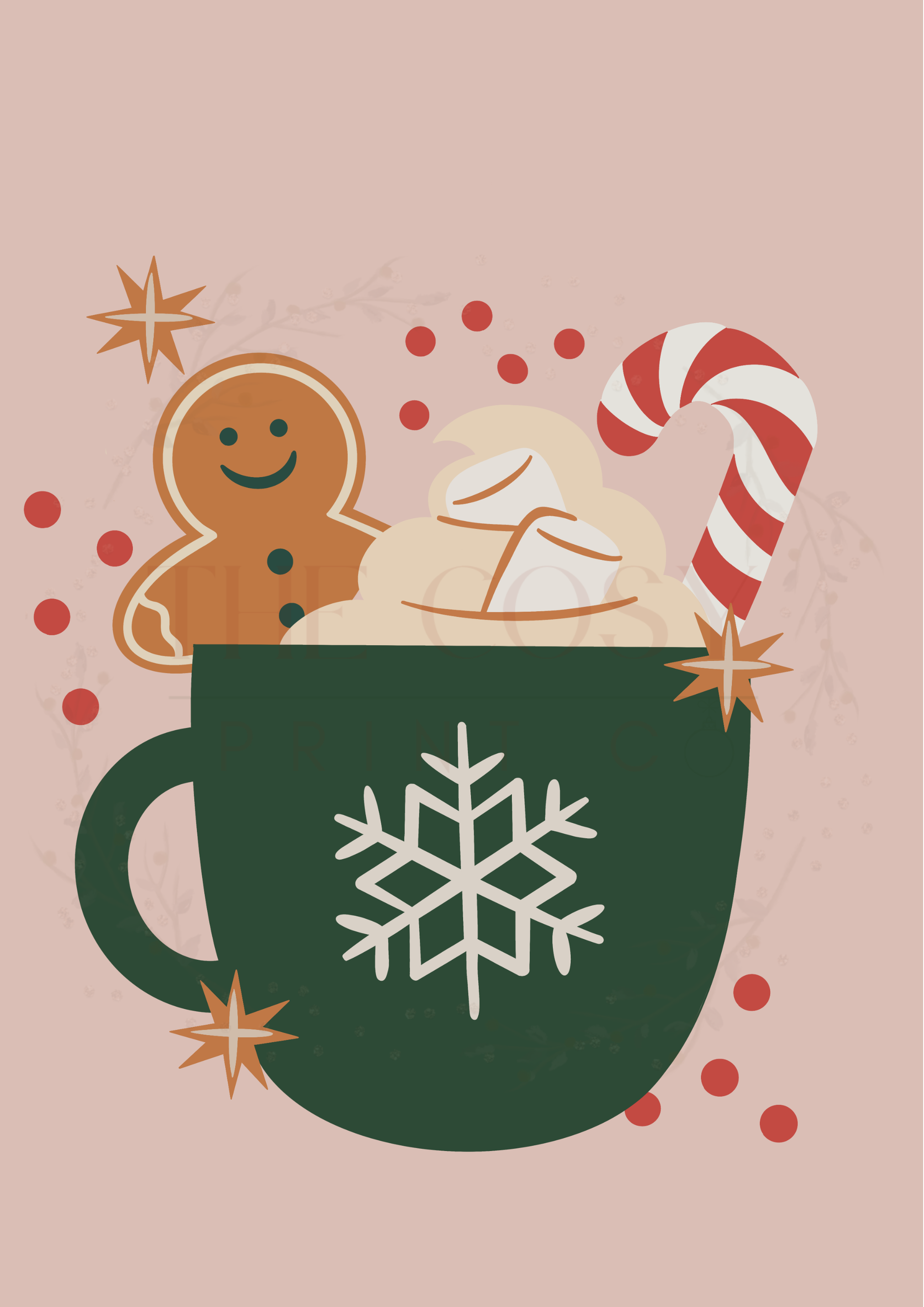 Soft pink Christmas print featuring a hand-drawn festive hot chocolate mug with cream, candy canes and sprinkles.
