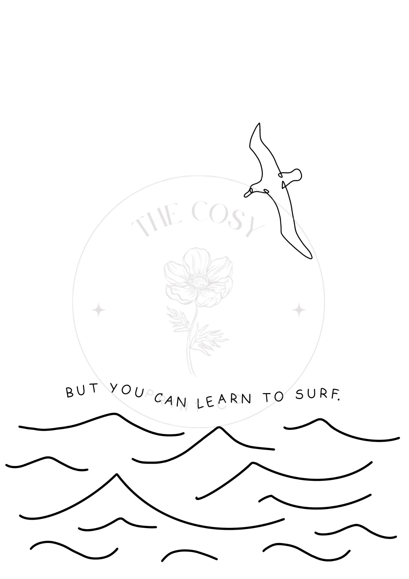 Learn to Surf – Black & White Line Drawing Print