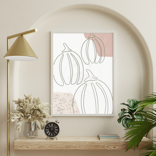 Three pumpkins autumn wall art print with soft spotted patterns and line drawn pumpkins in neutral tones – cosy seasonal home décor