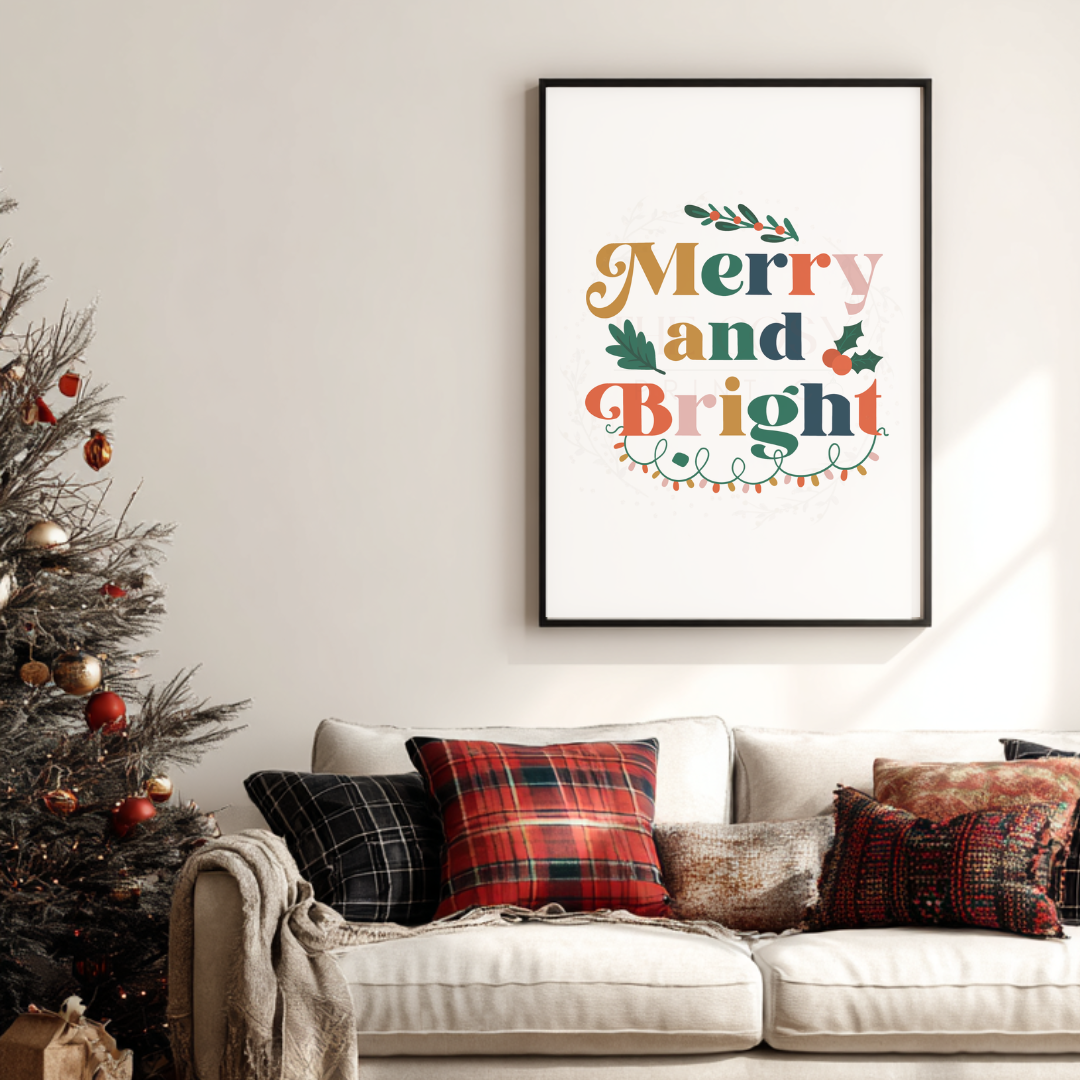 Traditional Christmas print with “Merry and Bright” text in festive greens, reds and golds.