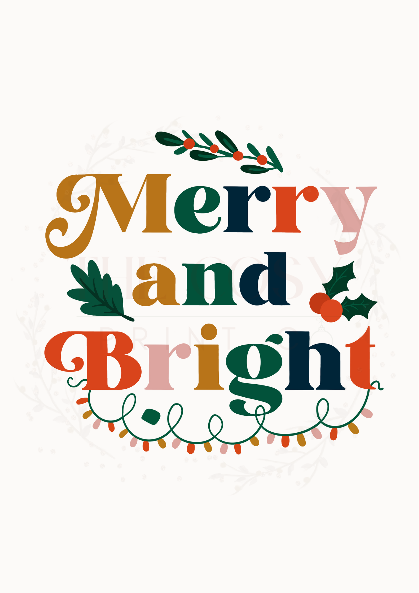 Traditional Christmas print with “Merry and Bright” text in festive greens, reds and golds.