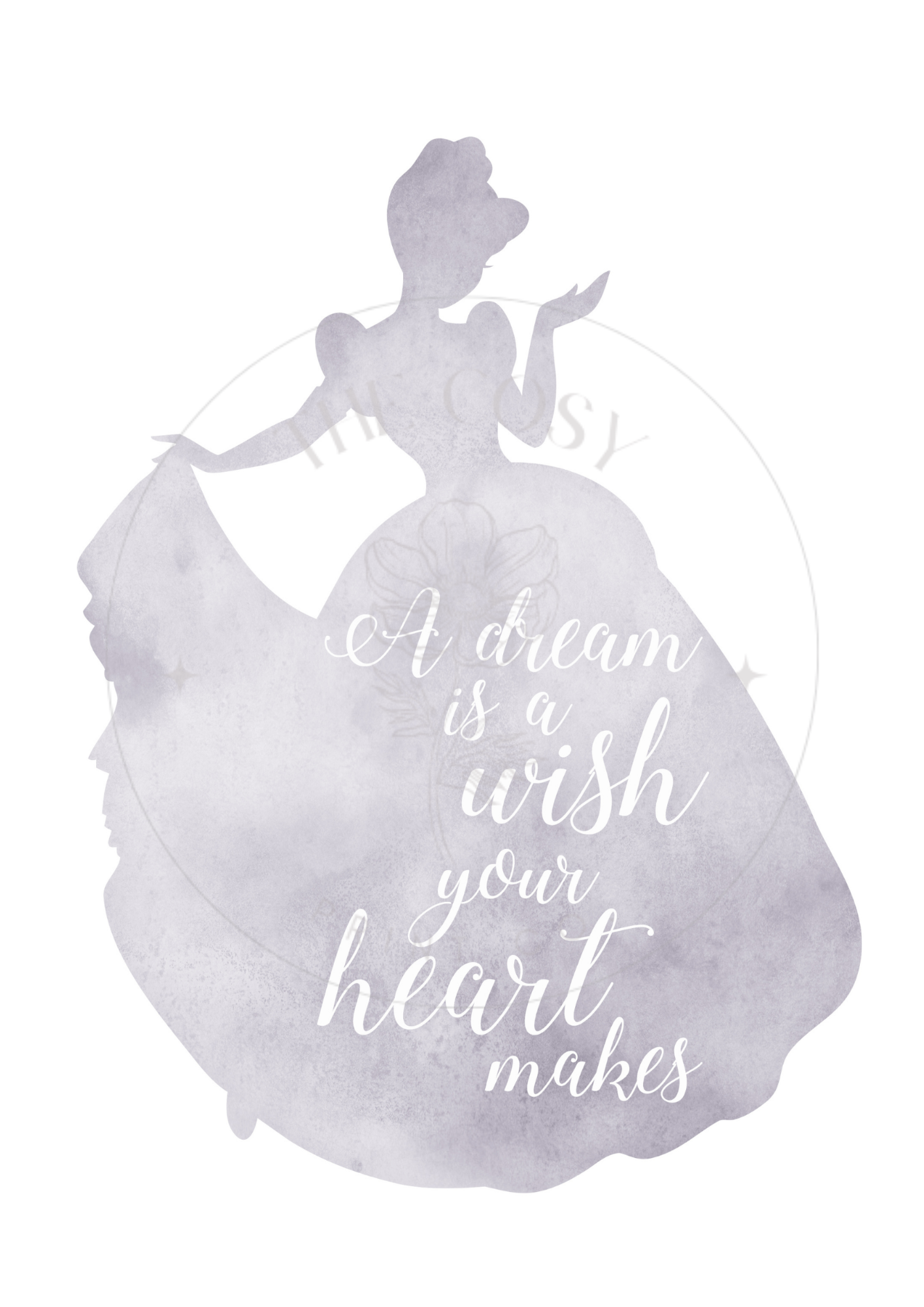 Hand-drawn Cinderella silhouette print with “A dream is a wish your heart makes” quote