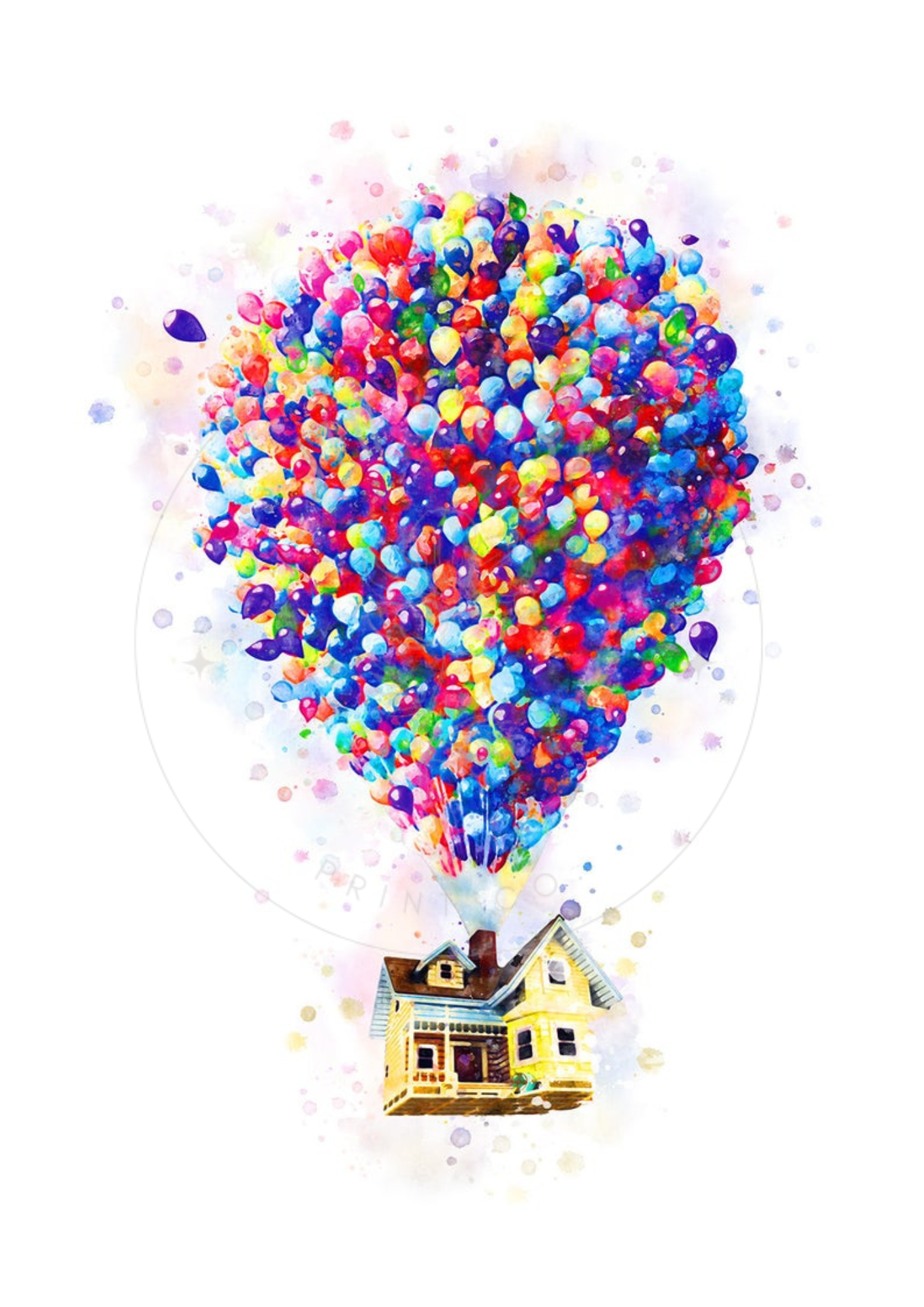 Watercolour-style print of the Up house lifted by colourful balloons disney