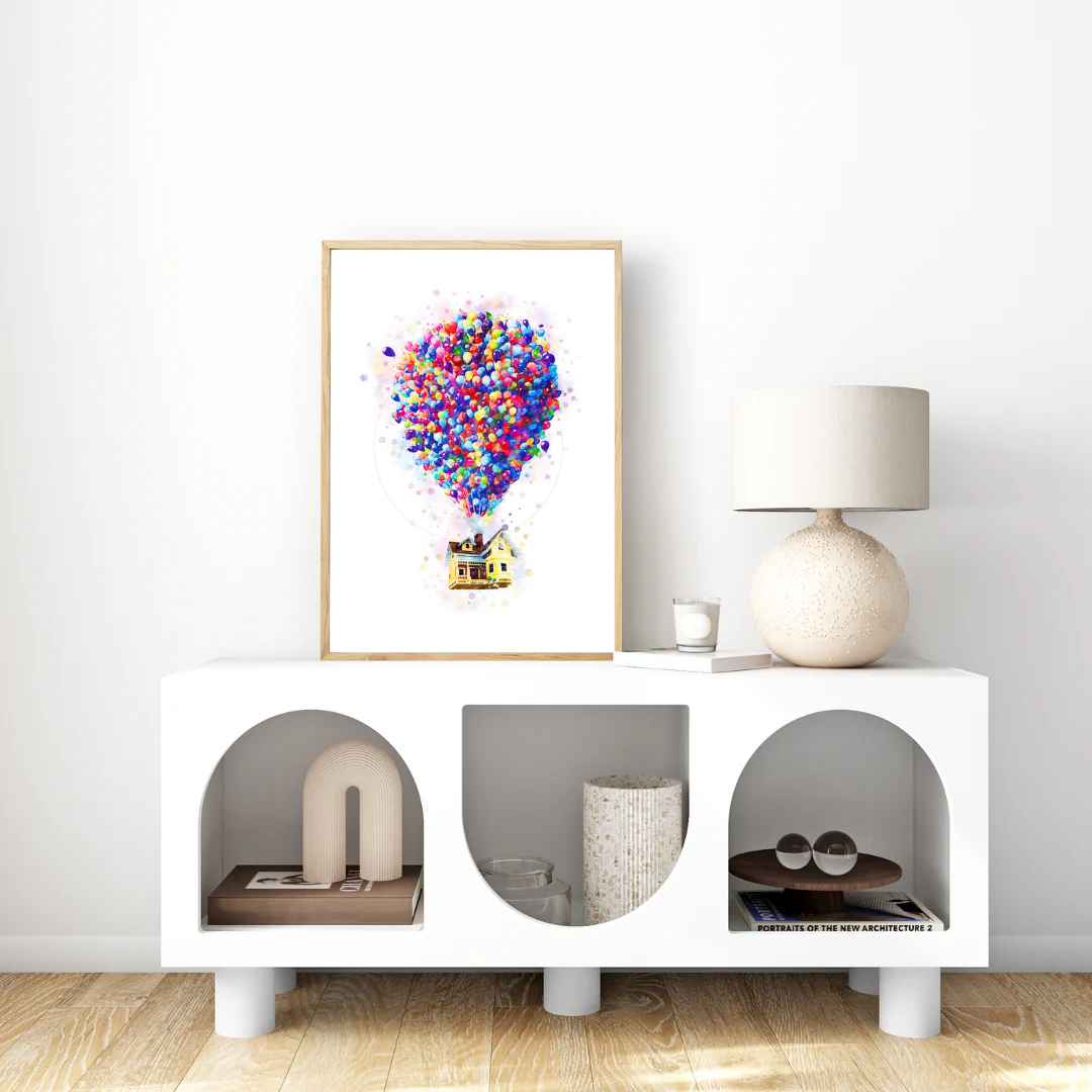 Watercolour-style print of the Up house lifted by colourful balloons disney print