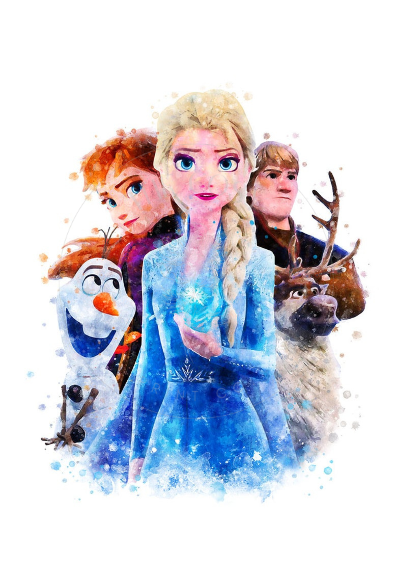 Watercolour Frozen print with Elsa, Anna, Olaf, Kristoff, Sven and the reindeer disney