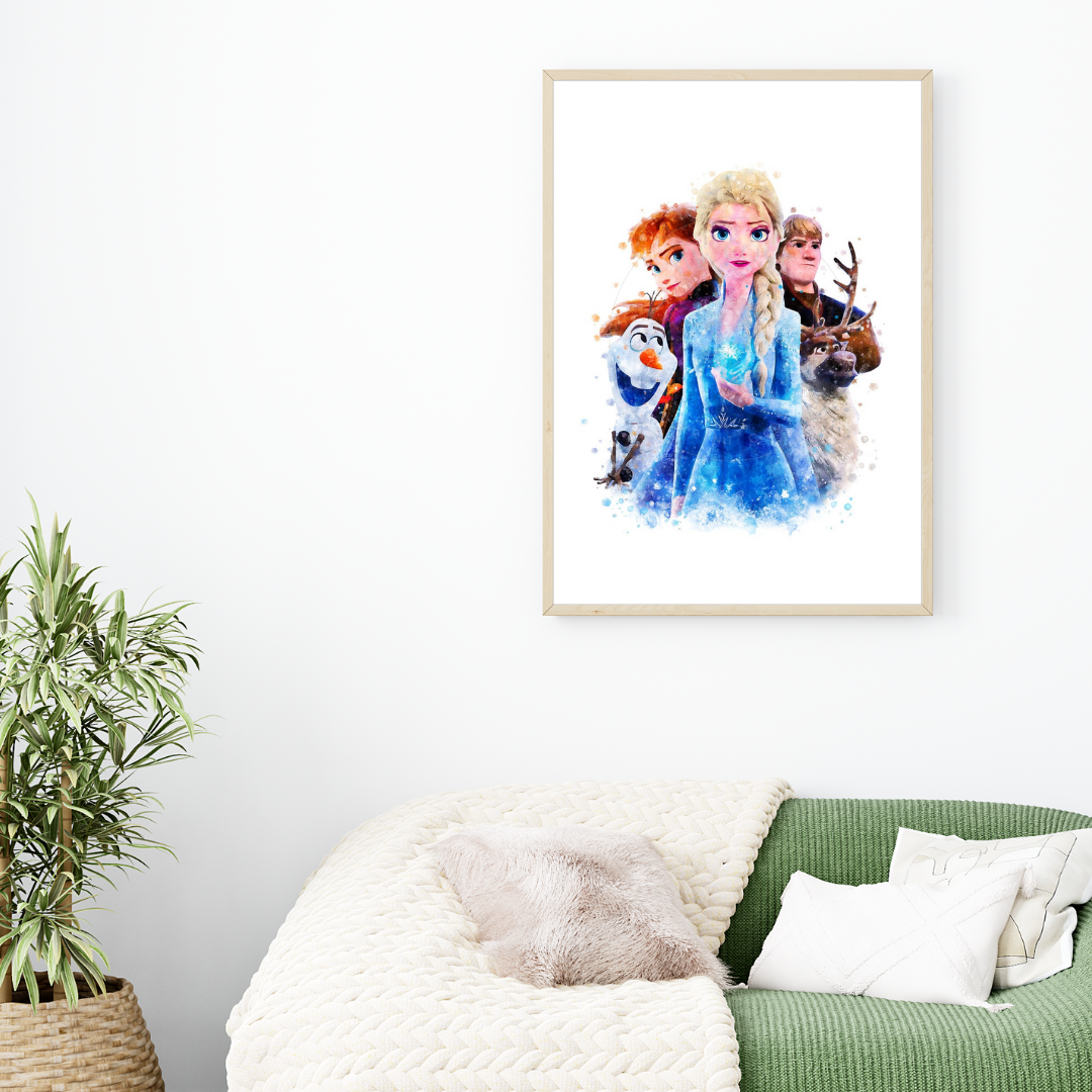 Watercolour Frozen print with Elsa, Anna, Olaf, Kristoff, Sven and the reindeer disney