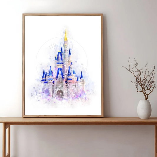 Watercolour effect Cinderella’s Castle print in soft pastel colours