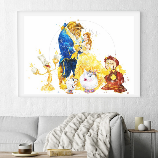Watercolour print of Belle and the Beast in soft fairytale colours disney